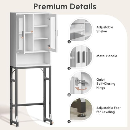 USHOWER Over The Toilet Storage Cabinet, Bathroom Organizer with Tempered Glass Doors, Thicken Metal Stand & MDF Wood, Freestanding Space Saver, White
