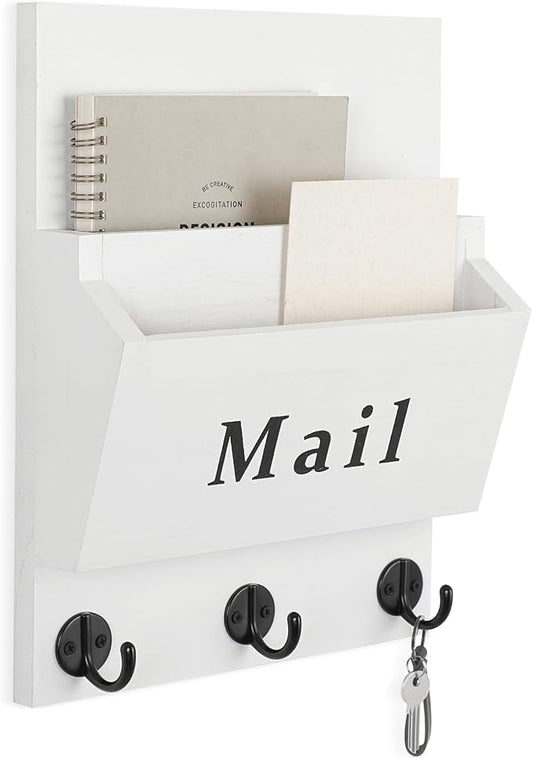 Mail and Key Holder - Decorative 8.86" x 11.42" Wall Key Hanger with 2 Mail Organizer Slots and 3 Hooks - Real Paulownia Wood with Keyhole Brackets, Hardware and Instructions (White)