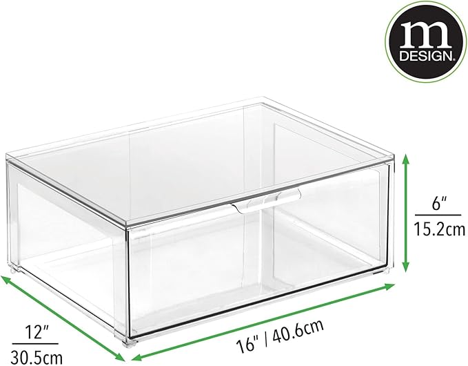 mDesign Plastic Stackable Bathroom Storage Organizer Bin Containers with Front Pull Drawer for Bathroom Countertop, Vanity, Closet Shelves - Holder for Beauty Accessories - Lumiere Collection - Clear