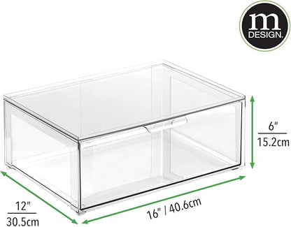 mDesign Plastic Stackable Bathroom Storage Organizer Bin Containers with Front Pull Drawer for Bathroom Countertop, Vanity, Closet Shelves - Holder for Beauty Accessories - Lumiere Collection - Clear