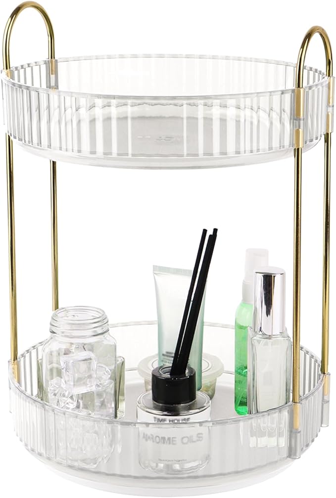 Clear 2-Tier Perfume Stand, 360° Rotating Plastic Vanity Organizer for Perfumes, Cosmetics & Skincare, Large Capacity Bathroom/Bedside Counter Storage Holder (Transparent)