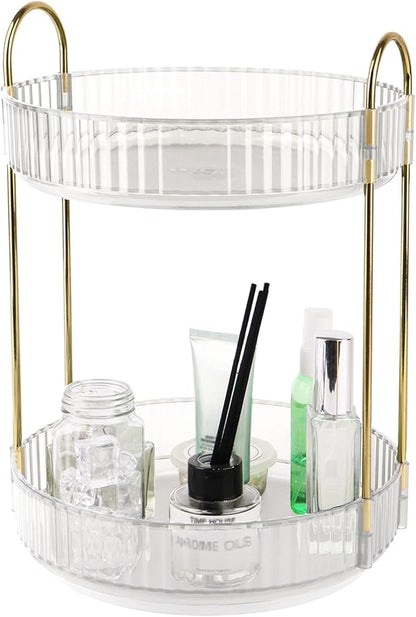Clear 2-Tier Perfume Stand, 360° Rotating Plastic Vanity Organizer for Perfumes, Cosmetics & Skincare, Large Capacity Bathroom/Bedside Counter Storage Holder (Transparent)
