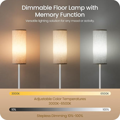 Dimmable Floor Lamps for Living Room with Remote and Foot Switch, 64.4” Modern Standing Tall Lamp, Corner Lamp for Office, Bulb Included, 3000K-6500K, Silver and Off-White SW06LD05W1