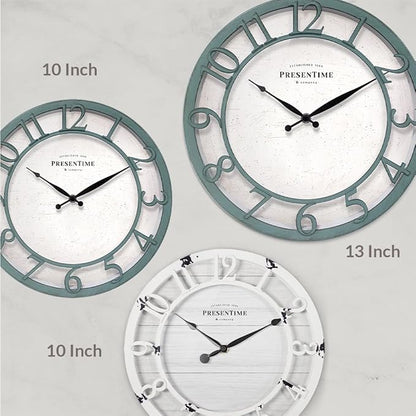 Presentime & Co 13" Farmhouse Series Wall Clock, Shiplap Style, Silent No Ticking, Coastal Clock, Raised 3D Arabic Numeral, Aged Teal Finish