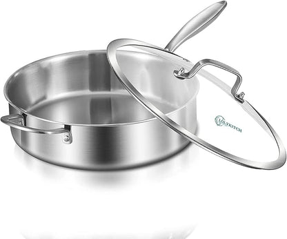 LOLYKITCH 10 Inch Tri-Ply Stainless Steel Sauté Pan with Lid,3 QT Deep Frying Pan,Small Skillet,Jumbo Cooker,Induction Cooking Pan,Dishwasher and Oven Safe,Detachable Handle