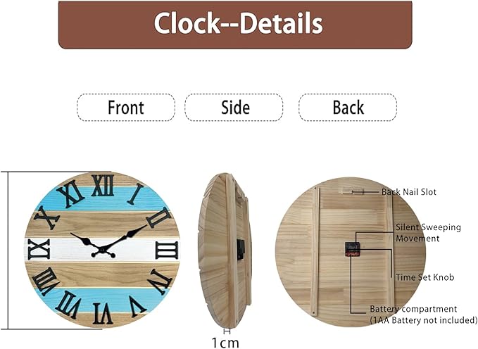 Blue Solid Wood Wall Clock for Living Room Farmhouse Wall Clocks Battery Operated 12 Inch Round Wall Clock Silent