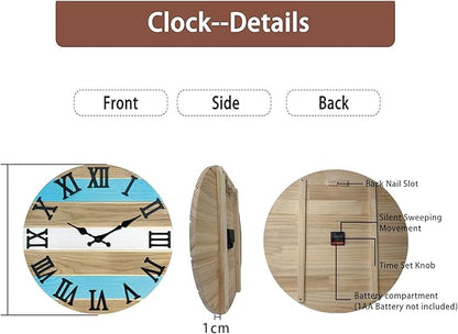 Blue Solid Wood Wall Clock for Living Room Farmhouse Wall Clocks Battery Operated 12 Inch Round Wall Clock Silent
