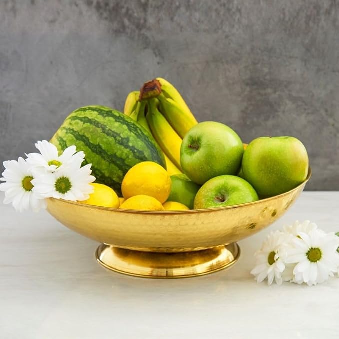 Gold Brass Fruit Bowl for Kitchen Counter, Decorative Bowl, Table Centerpiece, Kitchen Storage, Home Decor, Brass Home Accessories, Pedestal Bowl, Gold Finish, 12" wide (Large 15" Dia)