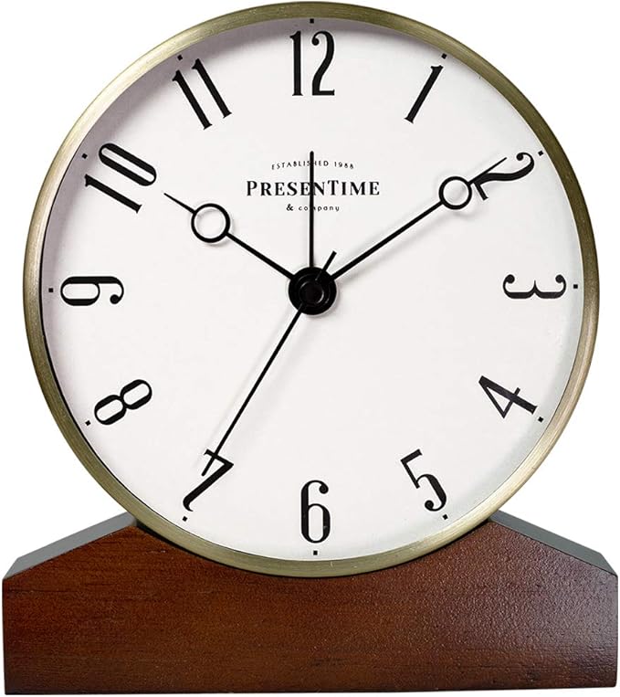 Presentime & Co Mozart Mantel Alarm Clock, Desk and Shelf Clock, Tabletop Decoration, 6 x 5.5 inch, Silent no Ticking, Wooden Base, Walnut Finish, Golden Color, Arabic Numeral