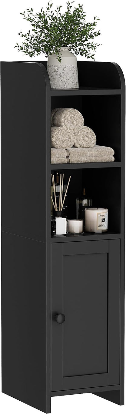 Homhedy Small Bathroom Storage Corner Floor Cabinet with Door and Shelves, Beside The Toilet Paper Stand for Skinny, Narrow Toilet Paper Cabinet, 9.8" D x 7.9" W x 31" H, Black