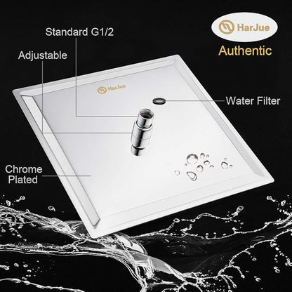 HarJue Shower Head with Extension Arm, High Pressure Square with ShowerArm, Stainless Steel Rainfall -Waterfall Full Body Coverage (12'' Shower with 16'' Arm, Chrome)