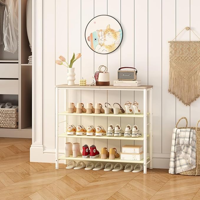 Shoe Rack Organizer 5 Tier Metal Organizer Shelf with Industrial MDF Board and Layer Fabric for Entryway Closet Bedroom Living Room Garage (White, 4 Tier)