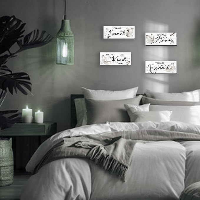DONFENTHY 4 Pcs Butterfly Wall Decor Black Room Decor Wooden Positive Butterfly Decor with Inspirational Word Black White Grey for Women Room Bathroom Bedroom Office(Black,10x4 In)