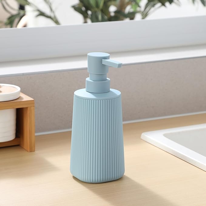 Small Soap Dispenser for Bathroom and Kitchen, Modern Farmhouse Striped Style Plastic Hand Soap Dish Soap Dispenser with Pump Light Blue