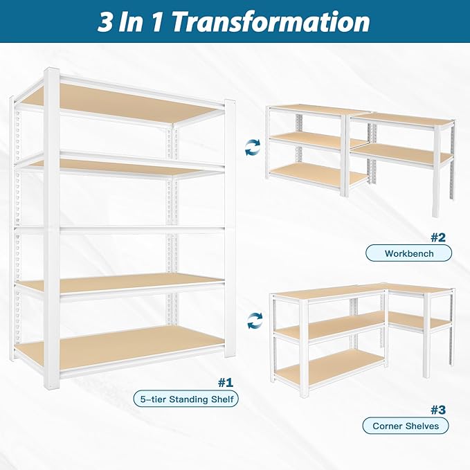 PrimeZone 28" W x 12" D x 59" H Closet Storage Shelves - 5 Tier White Metal Connector Shelving, Adjustable Heavy Duty Garage Shelves, Utility Rack Organizer Shelf for Kitchen Pantry Closet, 2 PCS