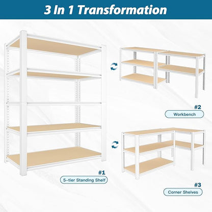 PrimeZone 28" W x 12" D x 59" H Closet Storage Shelves - 5 Tier White Metal Connector Shelving, Adjustable Heavy Duty Garage Shelves, Utility Rack Organizer Shelf for Kitchen Pantry Closet, 3 PCS