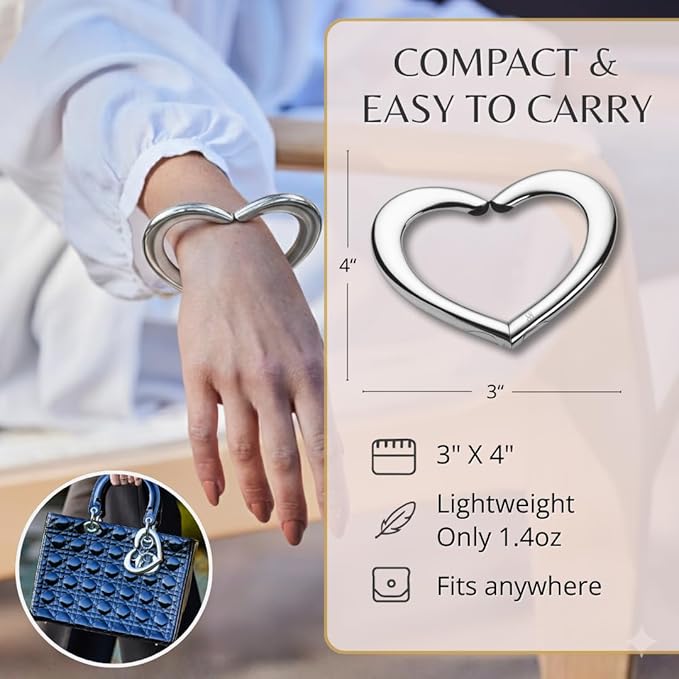 FafaConcepts Heart Shape Platinum Purse Hook Hanger, Charm – Ultra-Lightweight Heavy duty S Hook for Cafes, Work & Travel | Holds Up to 30 lbs | Christmas Gift, Bag Holder, Stocking Stuffers for Women