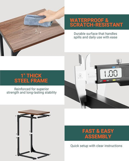 C-Shaped Side Table for Couch - Small Coffee Stand Sofa Tray Desk with Metal Frame and Waterproof Scratch Resistant, Modern End Accent for Living Room, Bedroom, Set of 2, Rustic Walnut
