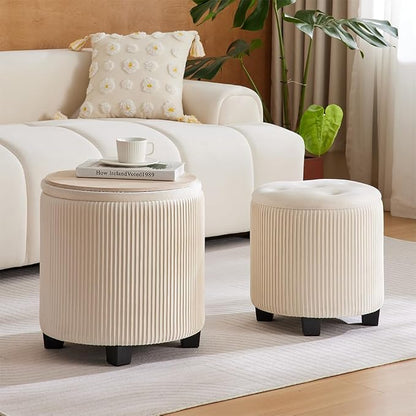 BLEXA Big Round Ottoman with Storage Set of 2, Upholstered Velvet Vanity Stool for Makeup Multifunctional Foot Rest Coffee Table Padded Seat Tufted Ottomans for Living Room&Bedroom (Large White)