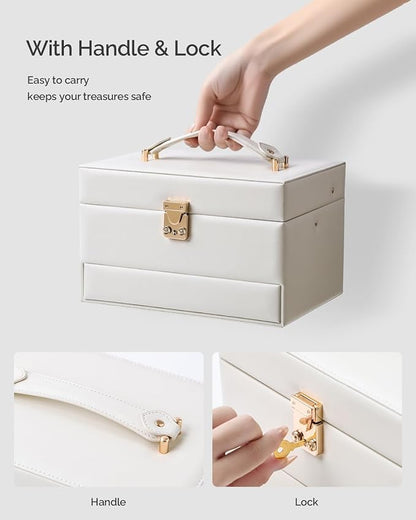 CASEGRACE Jewelry Organizer Box,3 Layers Leather Jewelry Storage Case with Portable Jewelry Case, Removable Jewelry Tray, Home and Travels Storage,Gift for Women (white)