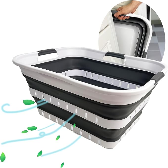 SAMMART 42L (11 gallons) Set of 2 Plastic Foldable Storage Basket/Container - Collapsible, Space Saving and Portable Laundry Hamper, Ideal for Home, Travel, Dorm, and Camping (2, White/Steel Grey)