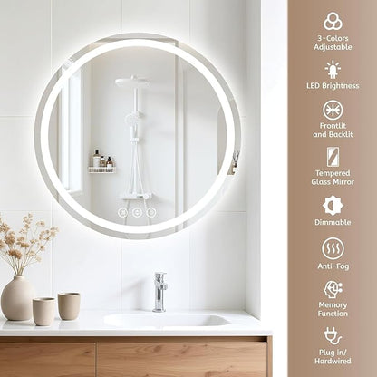 Led Bathroom Mirror with Lights, Anti-Fog & Tri-Color Lighting - Wall Mounted Shaving Mirror with Touch Sensor, Waterproof Smart LED Vanity Mirror Tempered Glass Dimmable (24" L x 24" W)