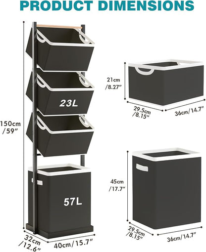 4-Tier Laundry Hamper Sorter, Vertical Laundry Sorter with Removable Basket, Stackable Laundry Cart Organizer and Storage 125L for Small Space, Dorm, Closet, Bathroom Black