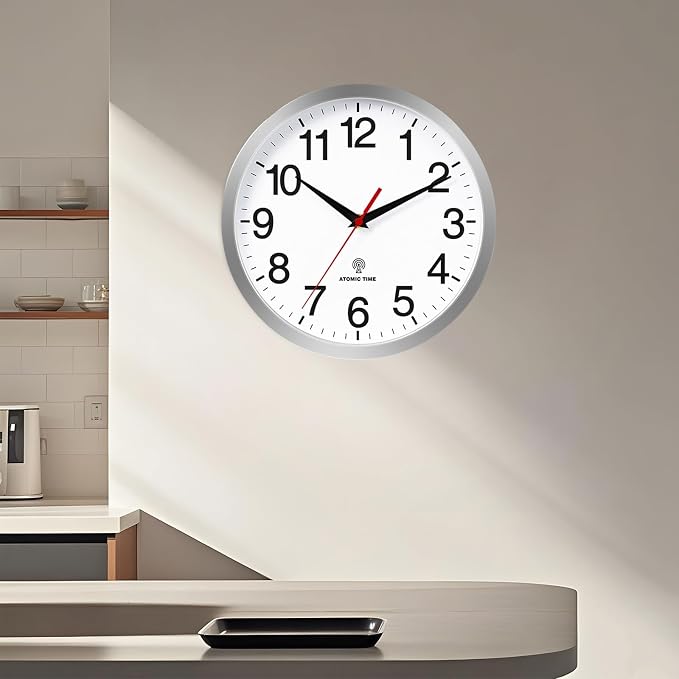 Rohioue Atomic Wall Clock Modern 10 Inch Battery Operated Analog Clock Decorative for Bedroom Kitchen Bathroom Office Home Living Room (Silver)