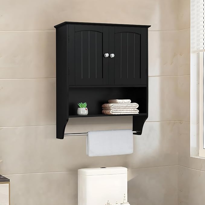 Iwell Bathroom Cabinet Wall Mounted with Adjustable Shelf & Towel Rack, Over The Toilet Storage Cabinet, Medicine Cabinet for Bathroom, Laundry Room, Black
