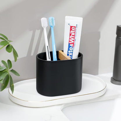 rejomiik Thick Resin Toothbrush Holders Bamboo Tooth Brushing Holder for Bathroom Countertop, Tooth Brush Storage Organizer Stand for Holds Toiletries and Beauty Accessories, Toothpaste, Razor, Black