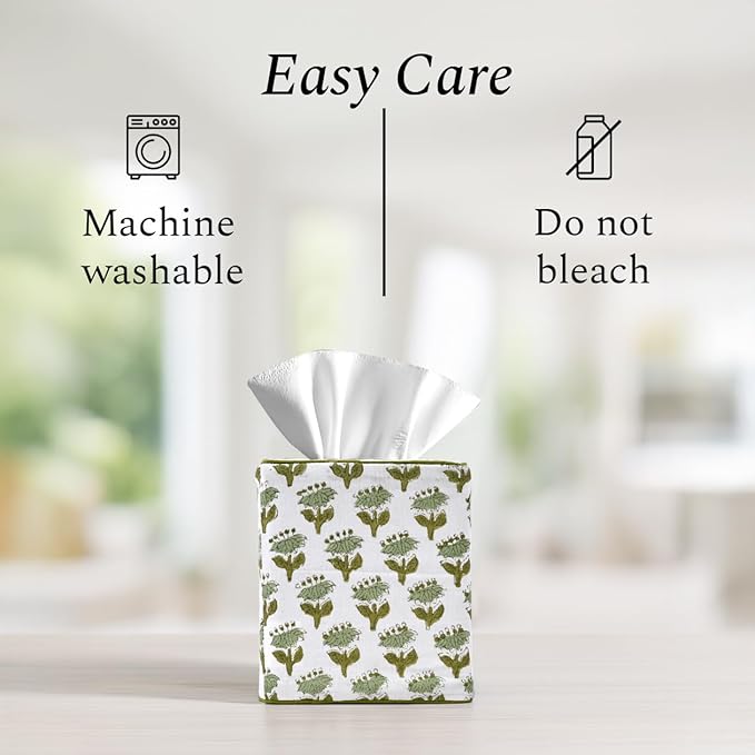CPC Emerald Green Hand Block Printed Cotton Tissue Box Cover 5" x 5" x 5.5" Square Soft Reusable Boho Napkin Holder for Home Kitchen Dining Bathroom Office Cafe Spa Summer Thanksgiving