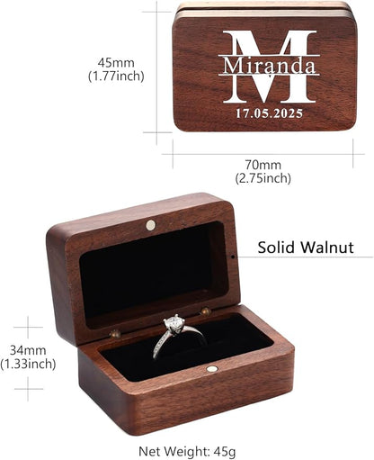 Custom4U Personalized Wooden Ring Box for Proposal Vintage Engagement Ring Bearer Box with Initial Wedding Jewelry Gift for Women