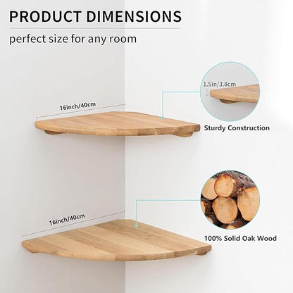 Conamily Corner Shelves, Floating Corner Shelf, Set of 2 16inch Solid Oak Wood Wall Shelves, Round End Wall Mount Display Shelf with Wire Hole for Bedroom Kitchen, Living Room (Oak, 16in 2P)