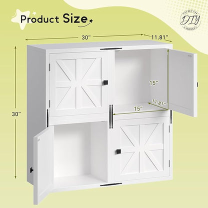 4-Tier Stackable Cube Storage Organizer, DIY Cube Storage Bookcase with Doors & Anti-Tip Design, Book Shelf for Bedroom, Office, Dorm,30" W x 11.81" D x 30" H, White