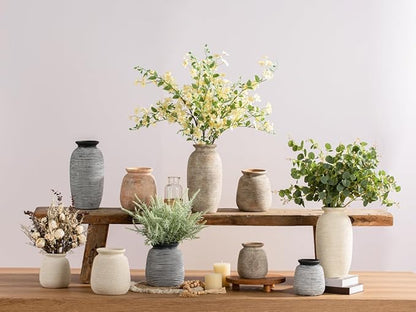 Ceramic Flower Vase, Small Rustic Farmhouse Vases Home Decor, Short Pottery Decorative Pampas Vase for Table Living Room Entryway Mantel Bookshelf Bedroom Bathroom Kitchen - 6" W