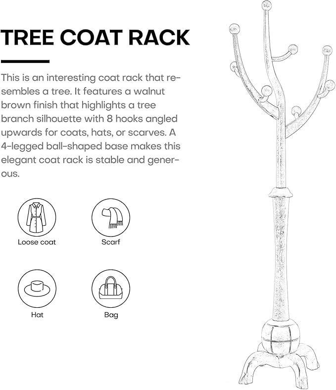 Bekrvio Coat Rack, Solid Wood Coat Racks Stand, Free Standing Coat Rack Coat Hanger with Hooks for Jaceket, Winter Coats, Entryway, Hallway, Bedroom - Load 160lbs (White)