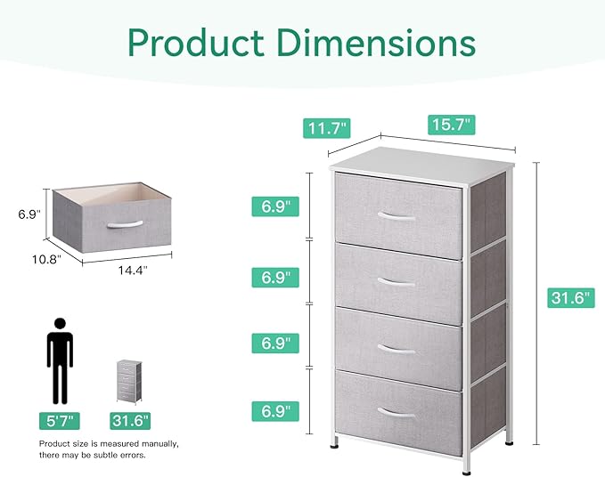 AODK Dresser for Bedroom with 4 Storage Drawers, Small Dressers Chest of Drawers Fabric Dresser with Sturdy Steel Frame, Dressers for Closet with Wood Top, Light Grey