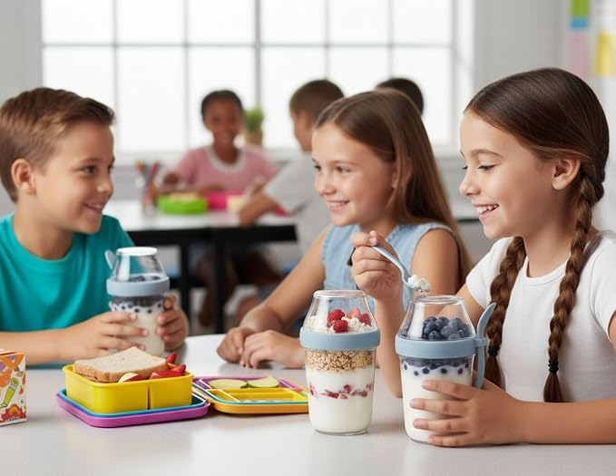 Felli On the Go Yogurt Parfait Snack Cup with Lid 100% Leak Proof, Reusable Travel Container with Spoon + Fruit & Granola Holder for To Go Cereal, Overnight Oats, Chia Pudding Jar (2, Blue Moon)