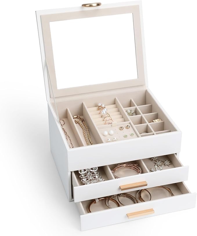 Elegant Jewelry Storage Box with Mirror 3-Tier Design with Smooth-Gliding Drawers Jewelry Organizer Perfect Christmas Birthday Gift for Wife Mom Women White