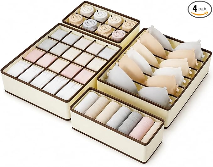 Drawer Organizer for Clothes Set, 4 Pack Foldable Dresser Closet Dividers (6/8/7/24-Cell), Non-Woven Underwear & Sock Drawer Organizer, Bra/Tie/Belt Storage Bins (Beige)