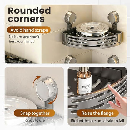 Triangle Suction Cup Corner Shelves No Drilling Bathroom Storage Rack, 2026 New Corner Shower Shelf Suction Cup Shower Caddy Corners Organizer Storage Rack Adhesive with Towel Bar (Gray double-layer)
