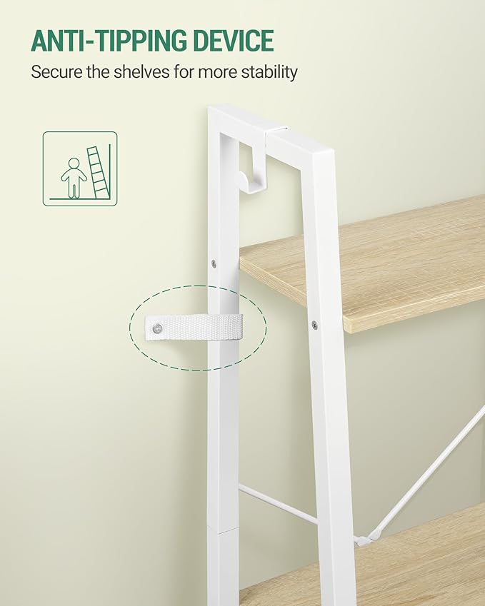 Ladder Shelf, Bookshelf Bookcase, Freestanding Corner Storage Shelve with 2 Hooks for Home Office, Living Room, Kitchen, Bedroom, Industrial, 11.8" D x 13.4" W x 47.2" H, White Oak and White