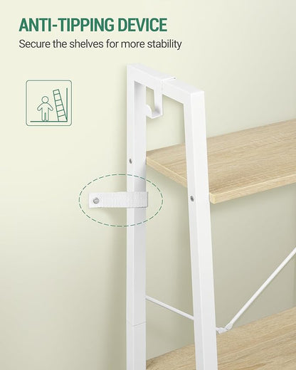 Ladder Shelf, Bookshelf Bookcase, Freestanding Corner Storage Shelve with 2 Hooks for Home Office, Living Room, Kitchen, Bedroom, Industrial, 11.8" D x 13.4" W x 47.2" H, White Oak and White