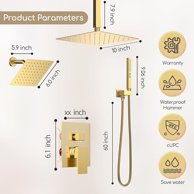 Shower System Brushed Gold Shower Faucet Set,Five Functions Knob Diverter Rainfall Shower Faucet with 2 in 1 Handheld,10'' Ceiling Mount and 6'' Wall Mount Rainfall Shower System