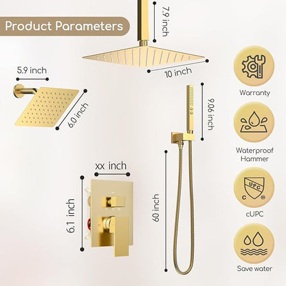 Shower System Brushed Gold Shower Faucet Set,Five Functions Knob Diverter Rainfall Shower Faucet with 2 in 1 Handheld,10'' Ceiling Mount and 6'' Wall Mount Rainfall Shower System
