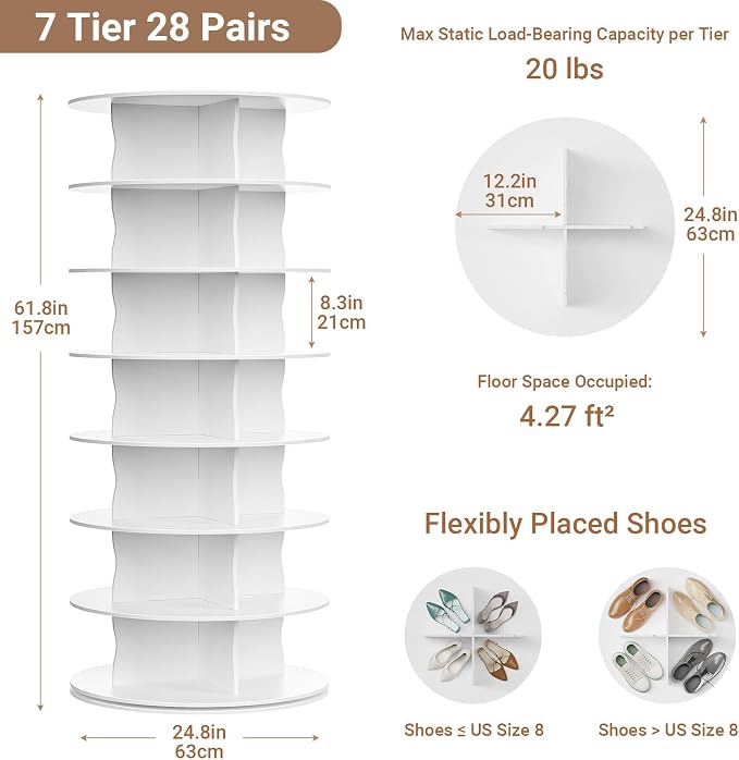 7-Tier Rotating Standing Shelf Unit with Dividers, 360° Storage Display Tower Vertical Floor Organizer, for Bedroom, Closet, Entryway & Office, Ideal for Shoes, Cosmetics & Handbags, White