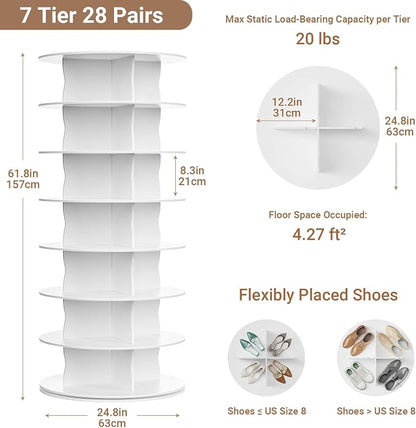 7-Tier Rotating Standing Shelf Unit with Dividers, 360° Storage Display Tower Vertical Floor Organizer, for Bedroom, Closet, Entryway & Office, Ideal for Shoes, Cosmetics & Handbags, White