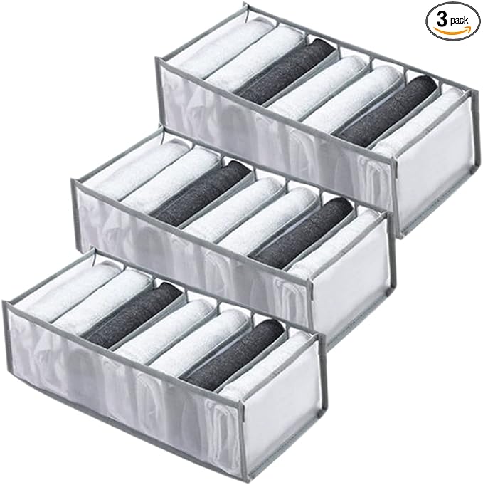 Wardrobe Clothes Organizer 7 Grids Portable Closet Organizer Mesh Separation Storage Box Foldable Closet Drawer Organizer for Underwear Socks Scarves Leggings (Grey, 3 Leggings Grid)