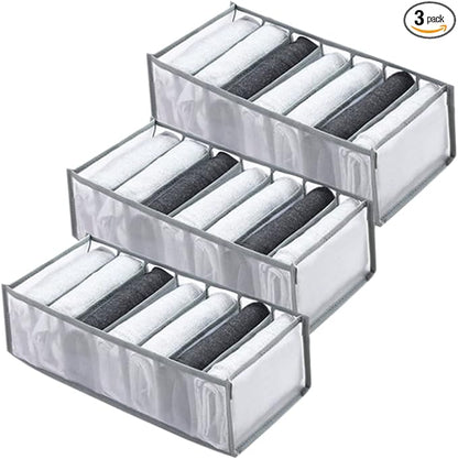 Wardrobe Clothes Organizer 7 Grids Portable Closet Organizer Mesh Separation Storage Box Foldable Closet Drawer Organizer for Underwear Socks Scarves Leggings (Grey, 3 Leggings Grid)