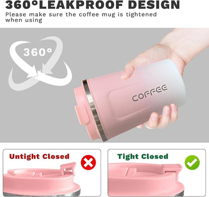 YINBAOGE Insulated Travel Coffee Mug, Spill & Leak Proof, Portable To Go Camping Stainless Steel Coffee Tumbler, Reusable Thermal Coffee Cup with Lid for Hot & Cold Drinks (2nd-Pink White, 12 OZ)